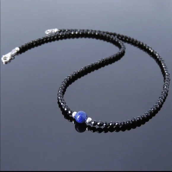 Mens Lapis Lazuli & Black Spinel Beaded Beaded Necklace in sterling Silver
